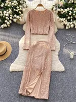 Korea Elegant Fashion Sexy Luxury 2 Piece Set Women Sequin Zipper Tops + Split Long Skirt Female Designer Chic High End Clothing