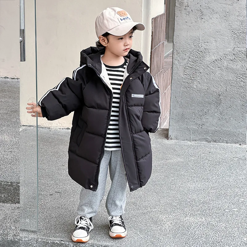 2-10Y Girls Jacket Winter Long Style Solid Color Stripe Print Thick Warm Hooded Windbreak Coat For Teen Boys Cotton Down Outwear
