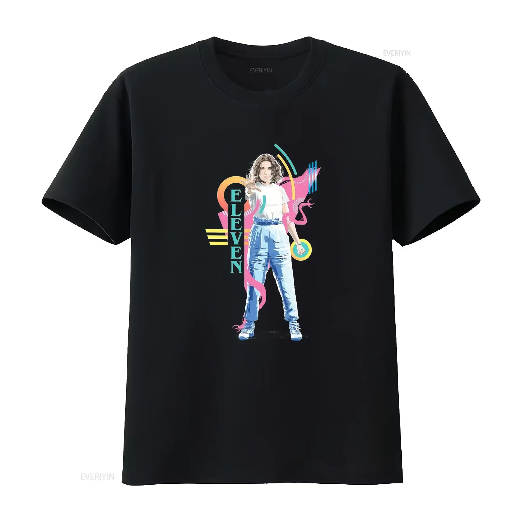 Camiseta negra con estampado de once personajes Cuello redondo casual tejido ligeramente elástico corte regular perfecta Unisex