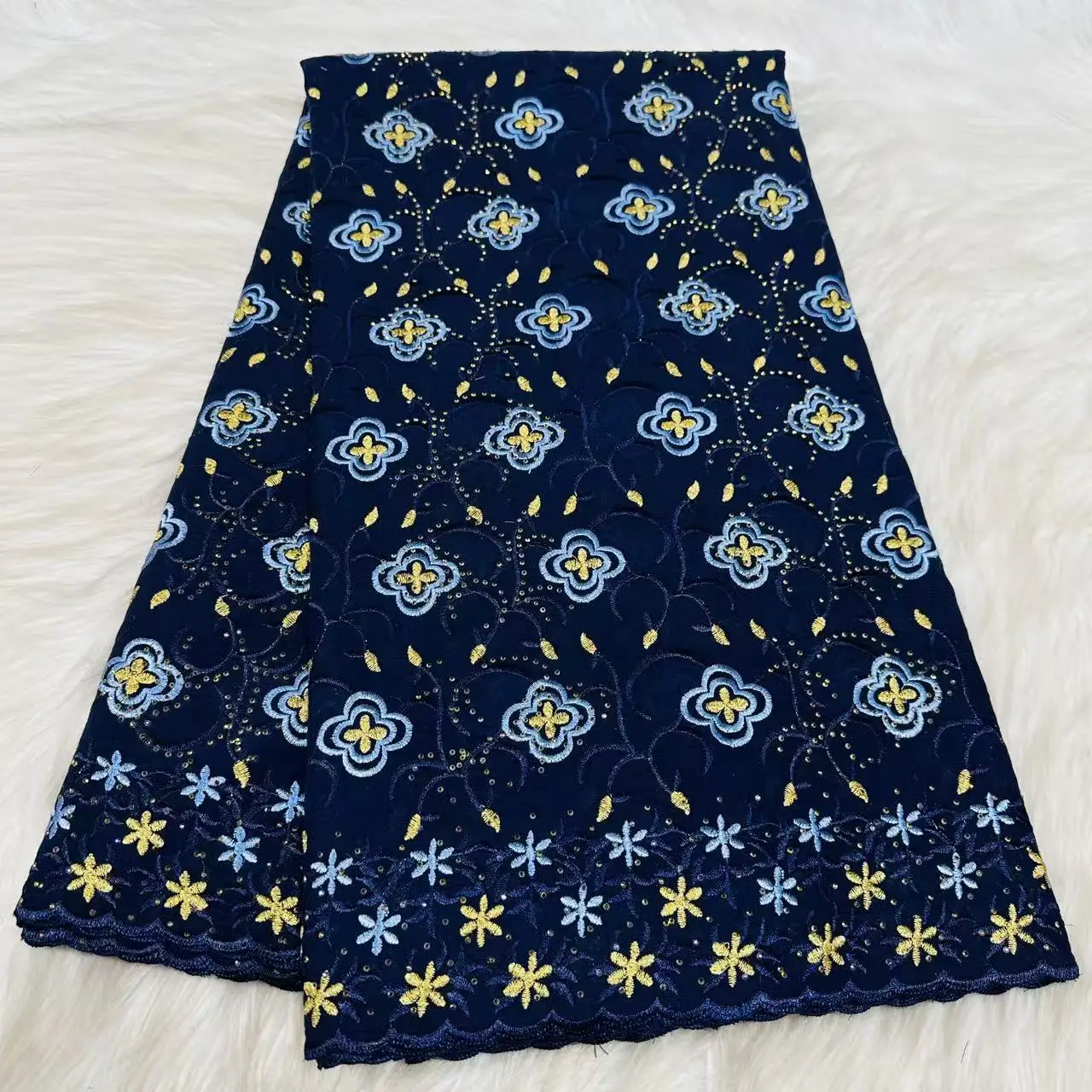 

New Fashion French African Cotton Lace Fabric With Stones 2026 High Quality Navy Blue Swiss Voile Lace Fabric For Dress PYC2608