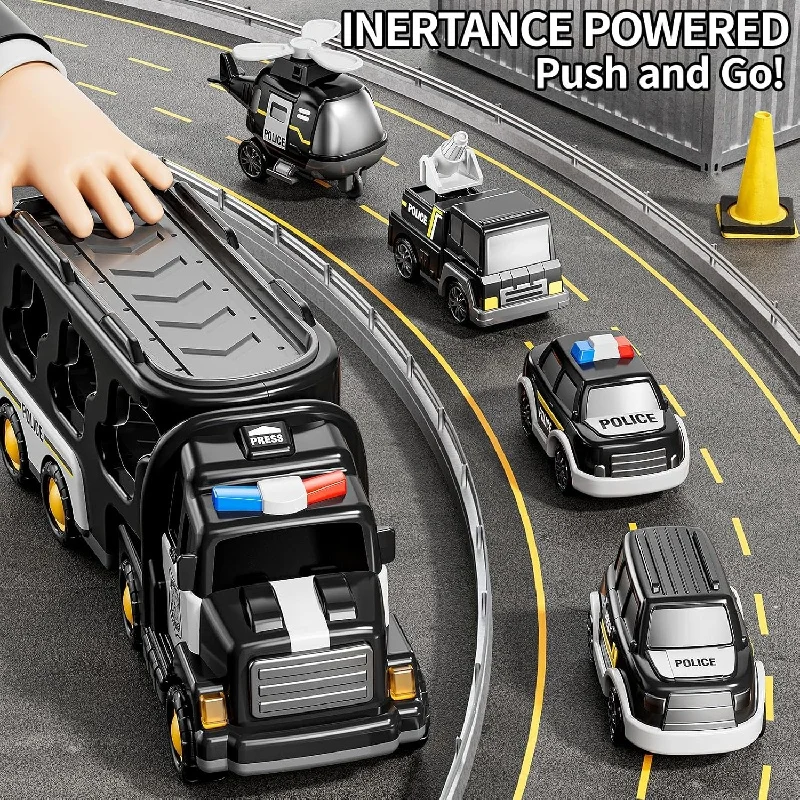 Ensemble de jouets de véhicule d'ingénierie de voiture de police équipé de musique LED avec 3 petites voitures 1 hélicoptère cadeau de puzzle sensoriel d'anniversaire pour enfants