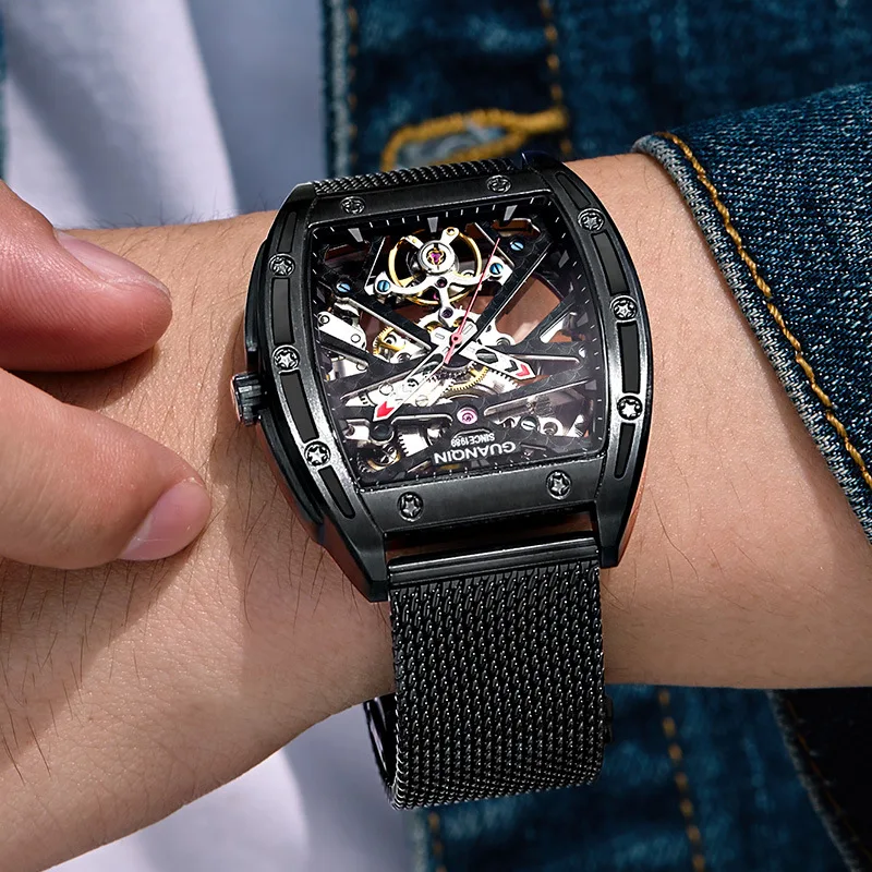 Genuine Goods Men\'s Watch Square Automatic Mechanical Hollowing Trendy Famous Brand