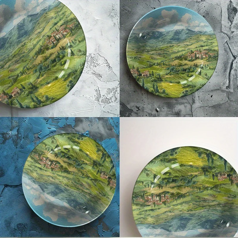 1pc Hand-Painted Ceramic Decorative Plate - Countryside Landscape Village Scene with Rolling Hills, Farmhouses & Cypress Trees