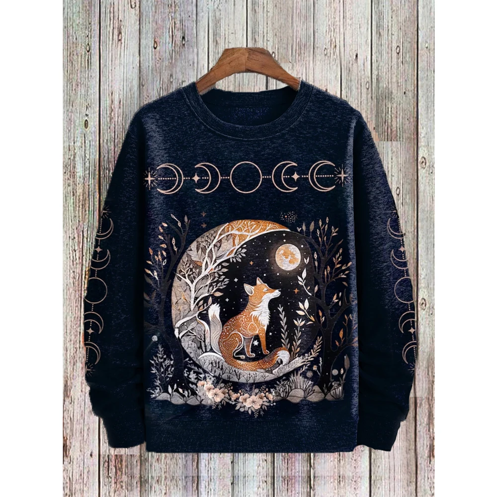 

Men's Retro Black Long Sleeve Top Fox Fairy Forest Print Couple Soft Sweatshirt