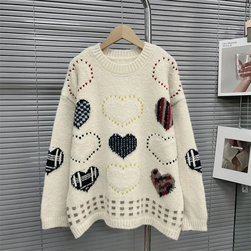 Love Coussins Jacquard Pull Vintage, Pulls Doux, Col Rond, Manches sulf, Pulls Chauds, Vêtements d'extérieur décontractés, Haut Spell, Automne, Hiver