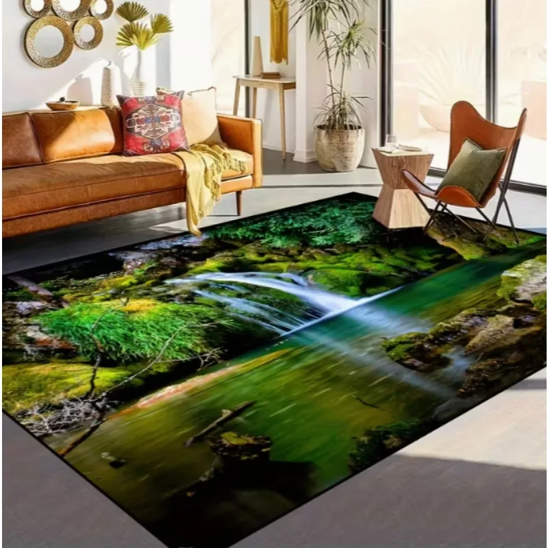 Wald- und Wasserfallmatte für den Innenbereich, Wohnzimmer, Schlafzimmer, Kindertagesstätte, Terrasse, Gartendekoration, Zuhause, Outdoor, Teppichdekoration