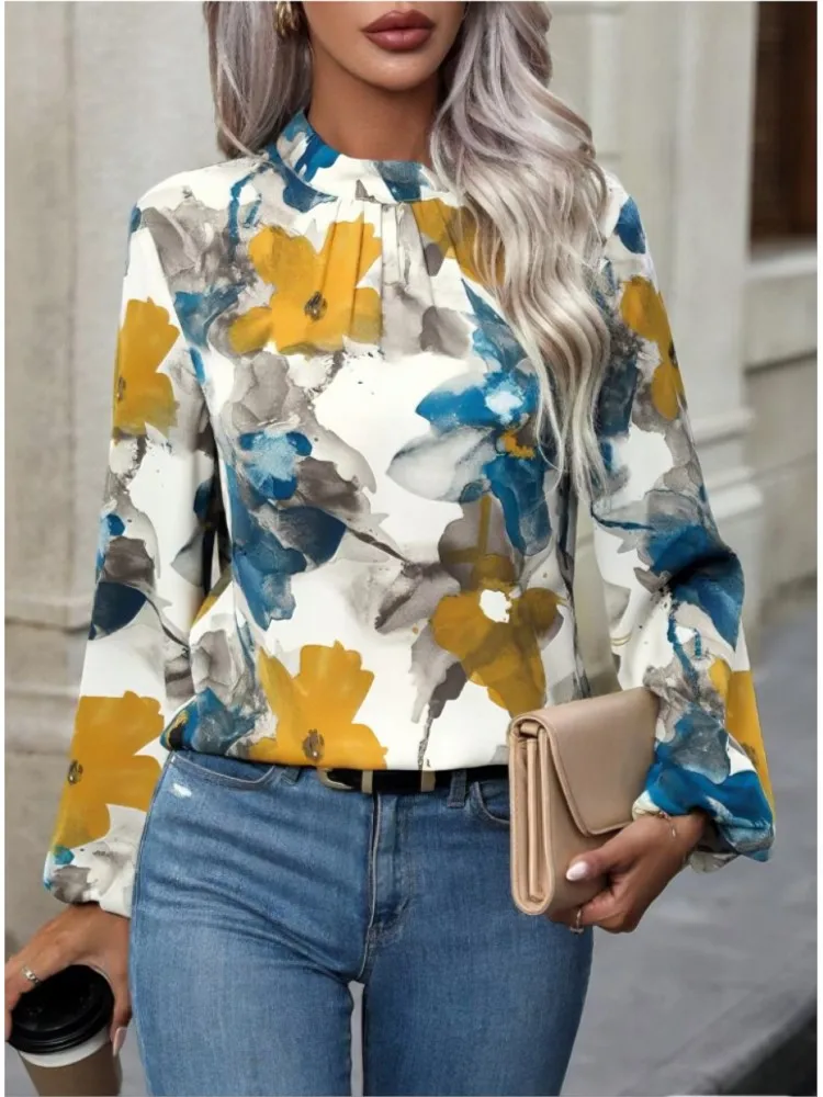 

Elegant Women's Casual Shirts Spring Autumn New Painted Big Flower Folds Fashion Blouse Losse Pullover Top Boho Female Clothing