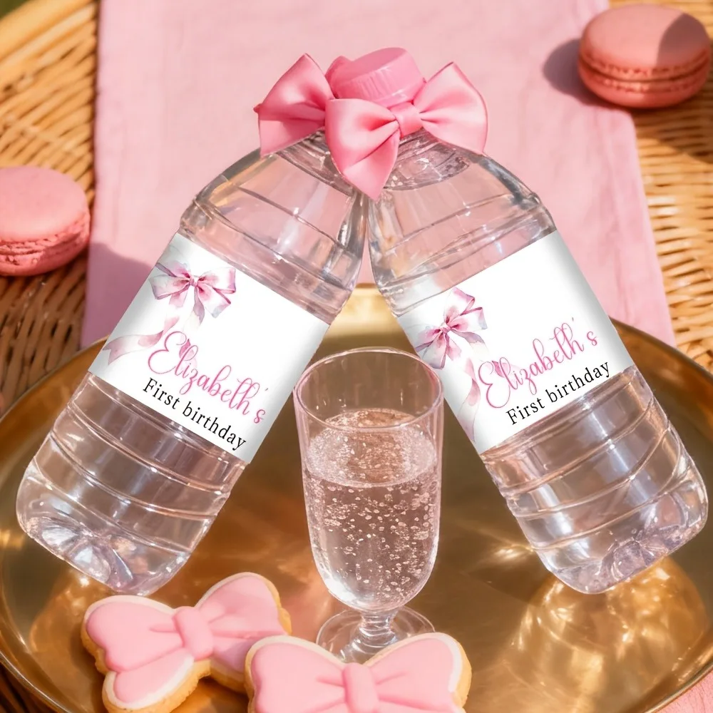 20/50pcs Birthday Party Custom Water Bottle Stickers Personalized Name Pink Bow Design Girl Birthday Party Decor Bottle Labels