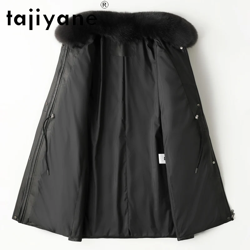 TAJIYANE 100% 최고급 양가죽 다운 코트 겨울 중간 길이 블랙 리얼 가죽 패딩 재킷 여성용 폭스 퍼 칼라 2025