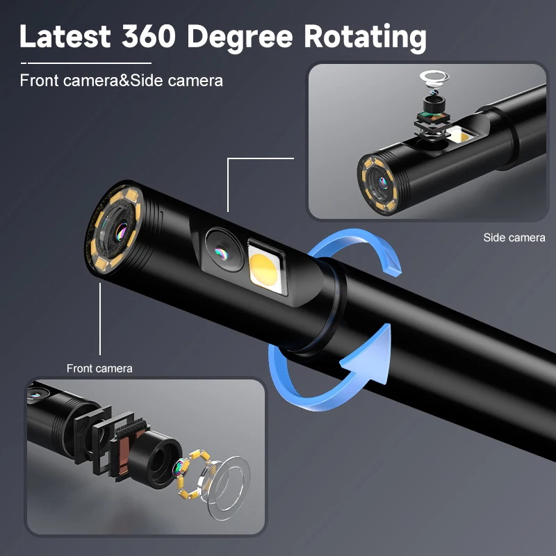 360 °   Câmera endoscópica industrial com rotação automática HD1080P, tela IPS de 7 polegadas, design removível com lente dupla e tripla de 9,5 mm IP67