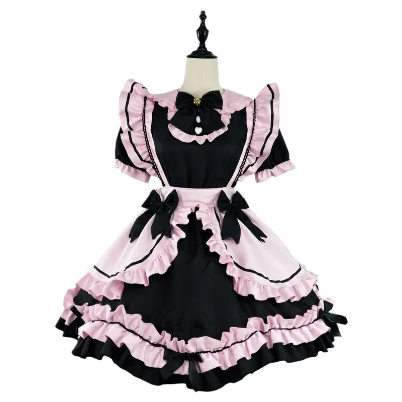 Anime Gothic Lolita JSK ชุดแขนสั้น Kawaii Bow Maid PARTY Dresses คอสเพลย์แมวสาว Harajuku น่ารักสีชมพู ruffles สีดํา