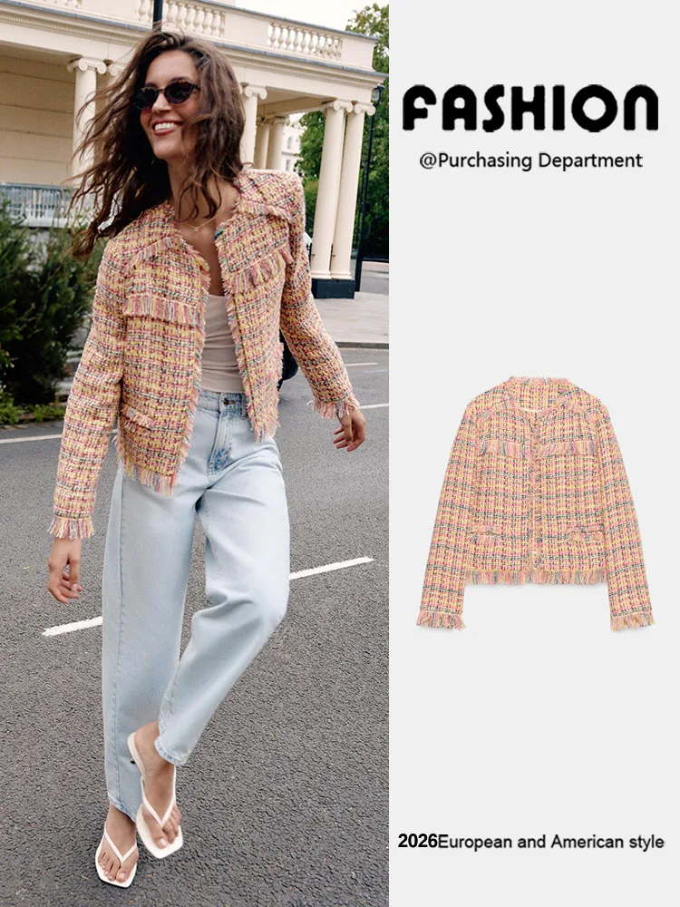 Fall New Arrival Women's Versatile Long Sleeve round Neck Fringe Texture Open Front Jacket Short Style round Neck Outerwear