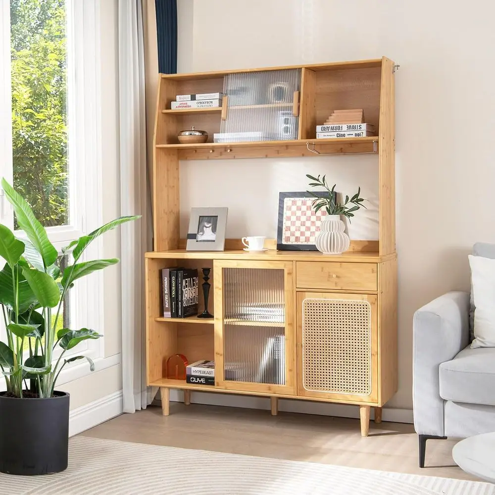 69 Bamboo Storage Hutch with Microwave Stand and Rattan-Door Sideboard for Kitchen Coffee Bar