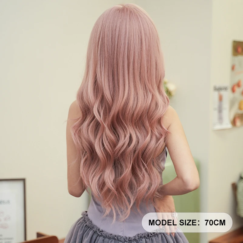 7JHH WIGS Costume Wig Synthetic Body Wavy Sweet Pink Wig for Women Daily Use Fashion Loose Sakura Pink Wigs with Fluffy Bangs