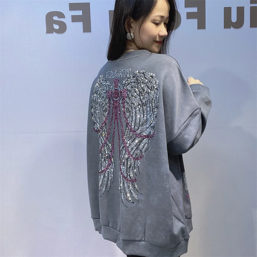 Hot Rhinestone Cartoon Round Neck Pullover Sweatshirt for Women 2025 New Loose Black Casual Sweatshirts Top for Spring Autumn