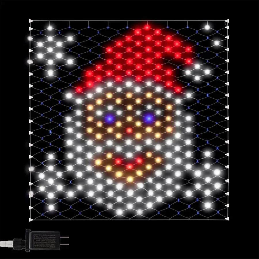 Lumières extérieures de filet de bonhomme de neige de Noël, lumière de rideau de maille, lumière dégradée, décoration murale, 8 modes, 320 LED, 3,9 pi x 4,3 pi