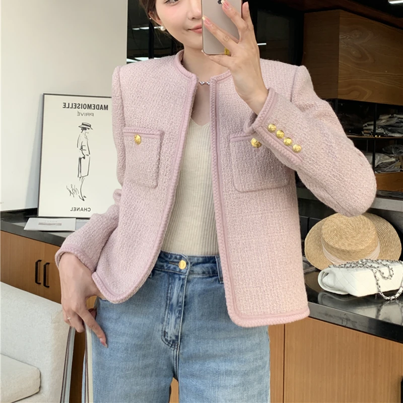 Luxury Jacket Women Pink Tweed Korean Round Neck Long Sleeve Elegant Tweed Jacket Vintage Classic Coat High Quality Cropped Top