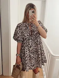 Tangada 2024 Summer Women Leopard Print Mini Dress With Bow Ladies Short Sleeve Dress CE043