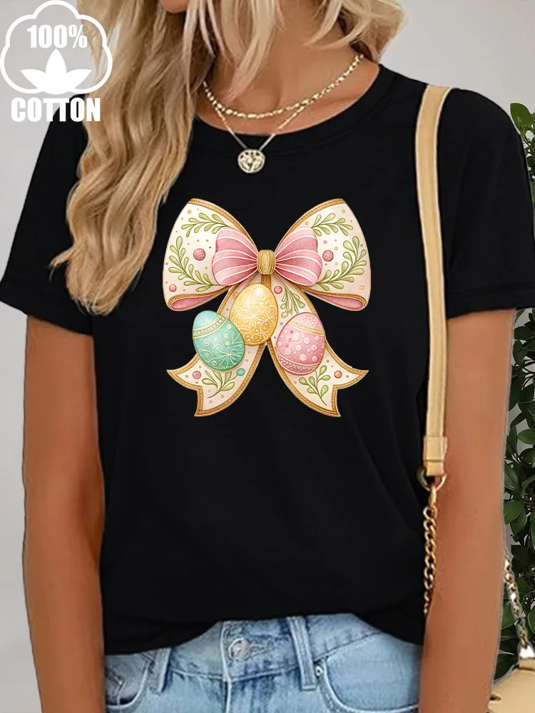Koszulka damska z grafiką kokardek i jajek wielkanocnych, 100% bawełna, okrągły dekolt, krótki rękaw, codzienna, na lato.
