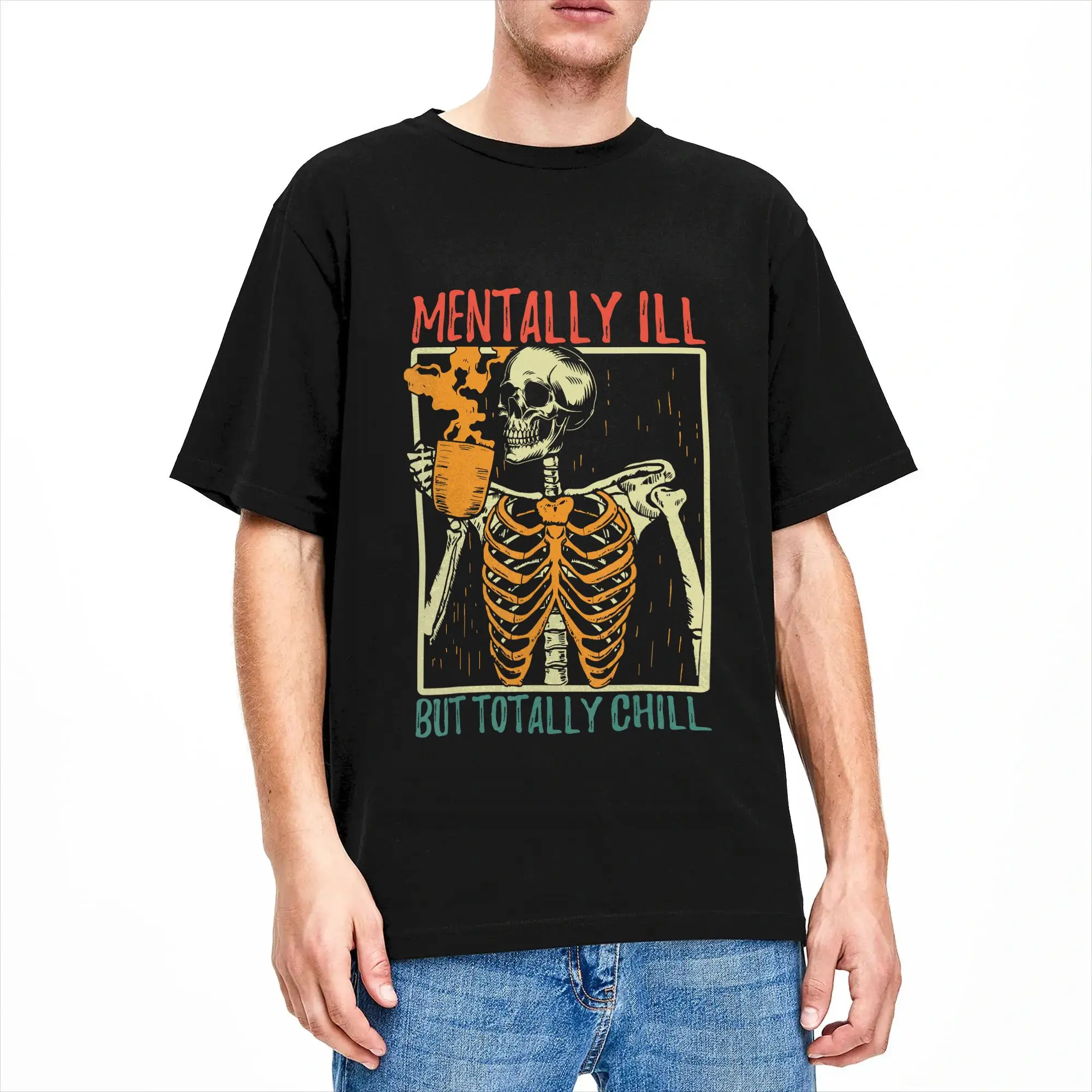Mentally Ill but Totally Chill Halloween Costume Skeleton T-Shirts Men  Vintage Cotton Tee Shirt Round Collar Short Sleeve Tees