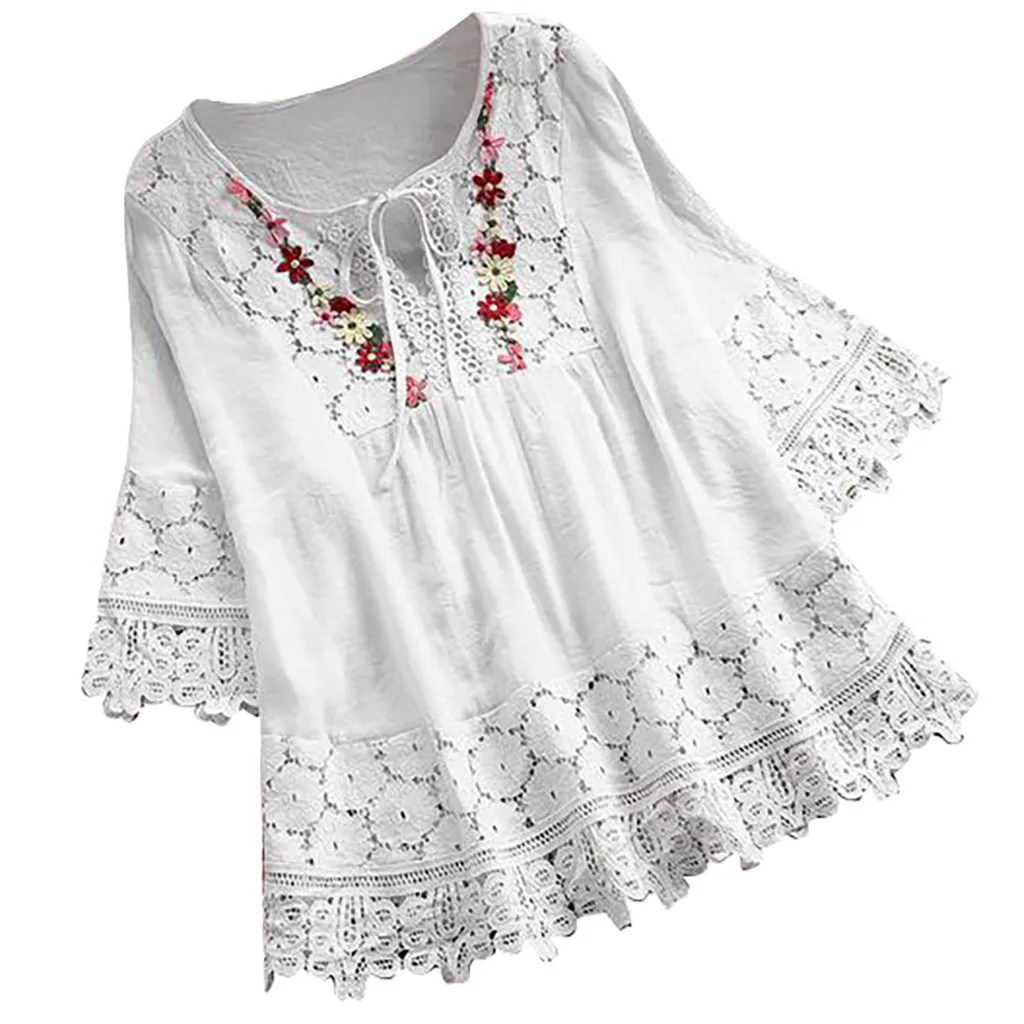 Women Ethinic Cotton Blouse Mori Girl Clothing Retro Lace Patchwork Blouse Flower Pleated Tunic Solid V-Neck 3/4 Sleeve Shirts