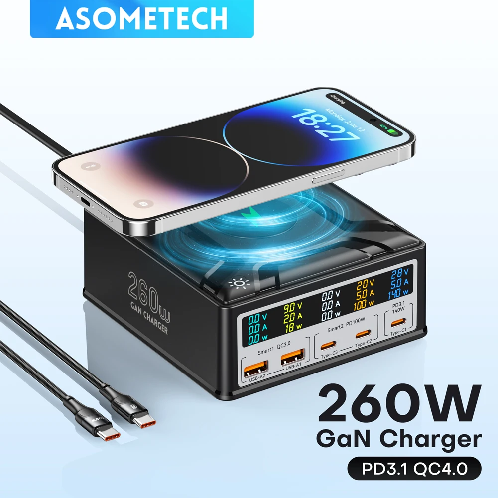 Asometech-デジタルディスプレイ付きUSBType-C充電器,140W,pd3.1,pps,qc4.0,ラップトップ,タブレット,電話,デスクトップ用の急速充電器,260W