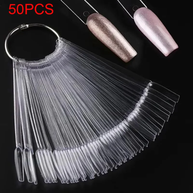 50개 투명 네일 폴리쉬 젤 가짜 손톱 디스플레이 팬 링 포함 연습 카드 가짜 손톱 트레이 네일 아트 디자인 액세서리