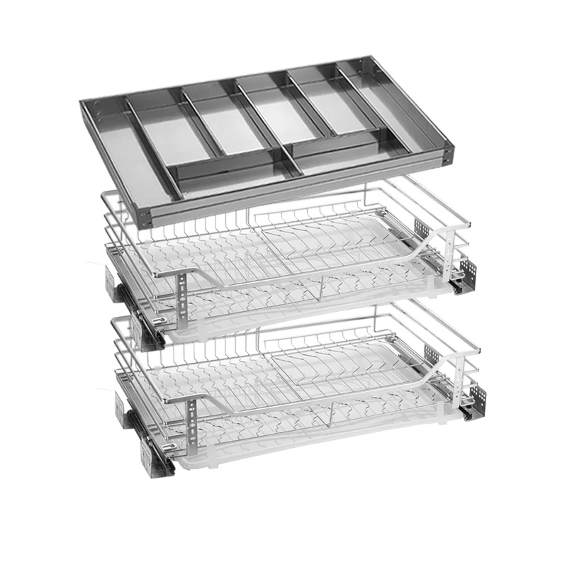 Kitchen cabinet basket stainless steel three-layer combination dish basket drawer divider tool basket built-in storage rack.