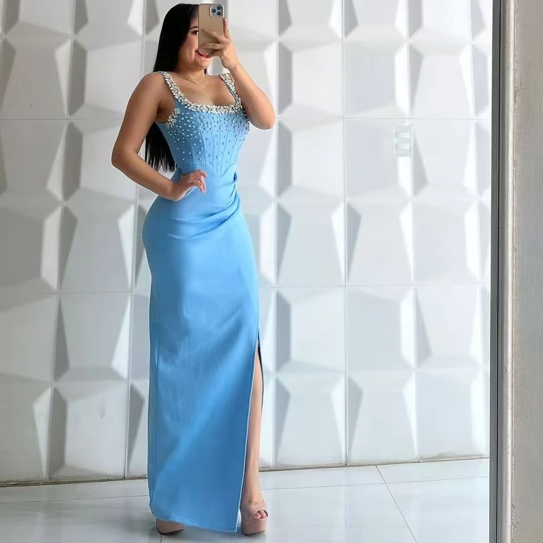 

Black Skyblue Women Sleeveless Luxury Diamonds Sleeveless Bodycon Bandage Long Dress Celebrate Evening Prom Club Party Dress