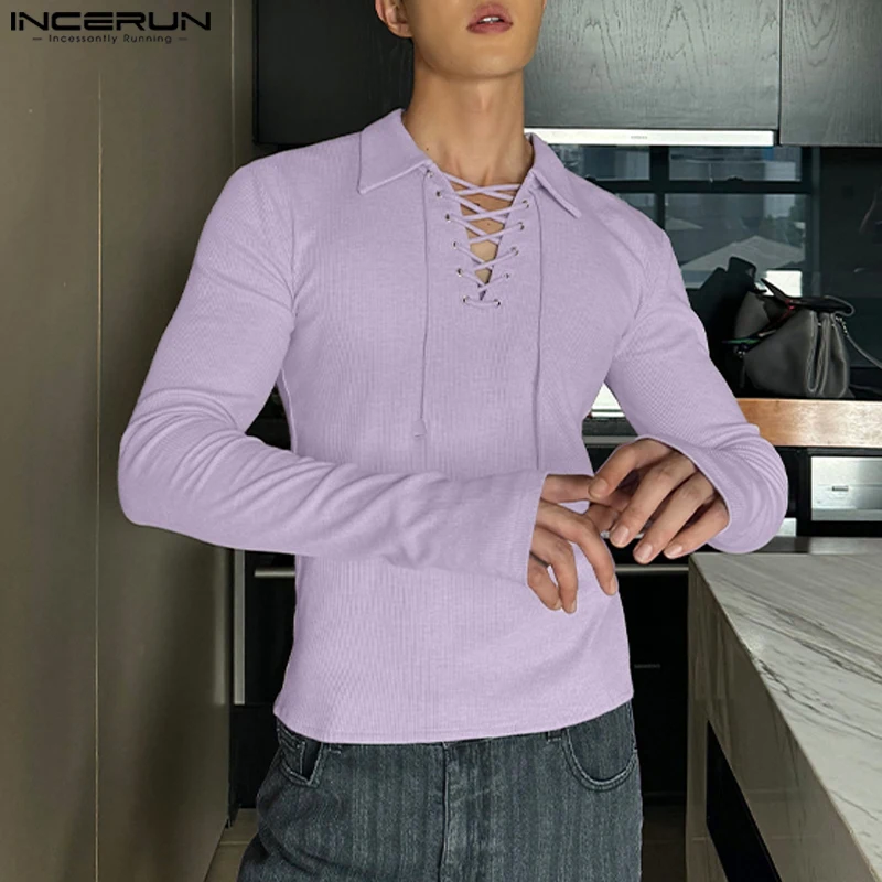 INCERUN 2024 Handsome Men\'s Mesh Drawstring Texture T-shirts Casual Personality Male Solid All-match Long Sleeved Camiseta S-5XL