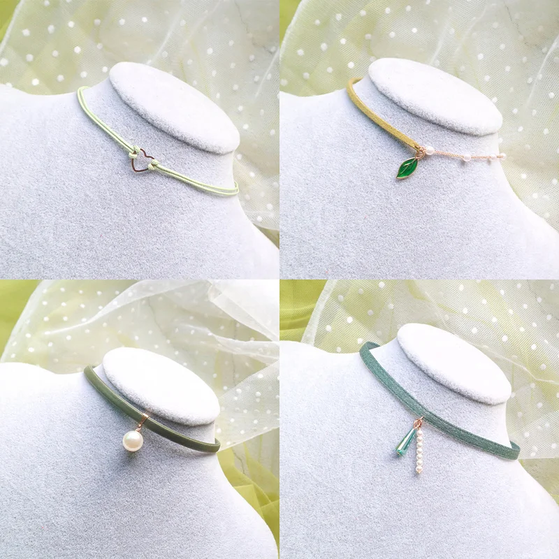 Trendy Choker Necklace For Women Lovely Green Fabric Pearl Heart Pendant Short Clavicle Necklace Aesthetic Jewelry Gift For Her