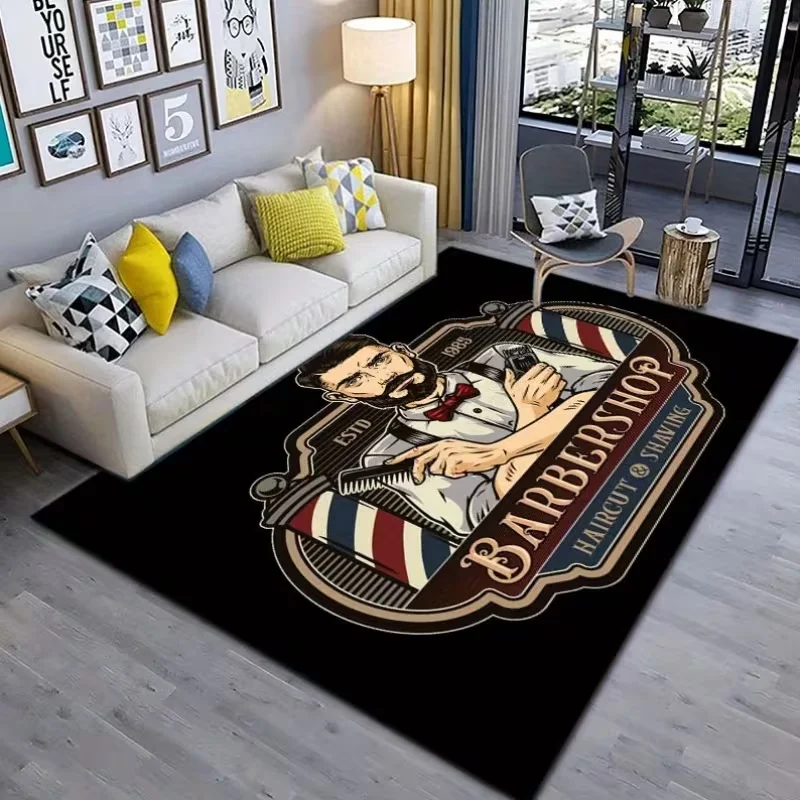 A Barber Shop Themed Carpet, Suitable for Office and Indoor Use, Rectangular Mat, Ideal Welcoming Areas, Living Rooms, Bedrooms