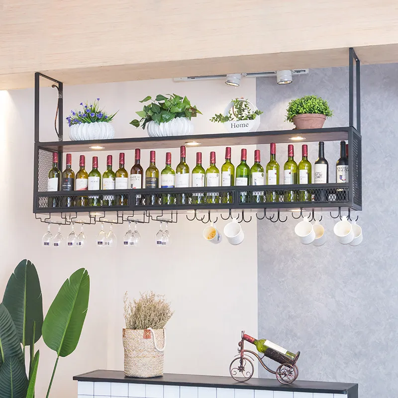 Iron bar counter wine rack hanging rack, inverted wine cup , hanging wine cabinet hanging , solid wood storage , dec
