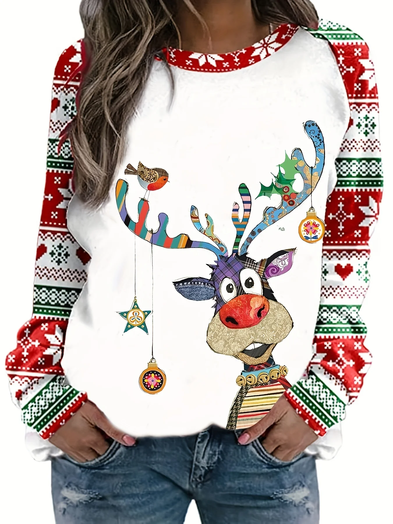 

Womens Christmas Elk Print Long Sleeve Round Neck Slight Stretch Casual Top - Soft Polyester Knit Fabric, Crew Neck