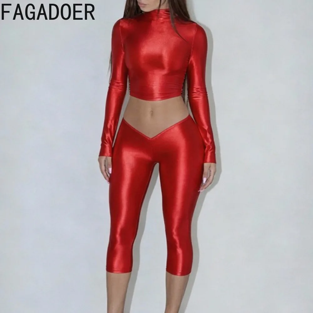 FAGADOER Women Bodycon Sexy Outfits Mock Neck Crop Top and Kow-waist Capri Pants 2 Piece Set Slim Fit Club Party Matching Outfit