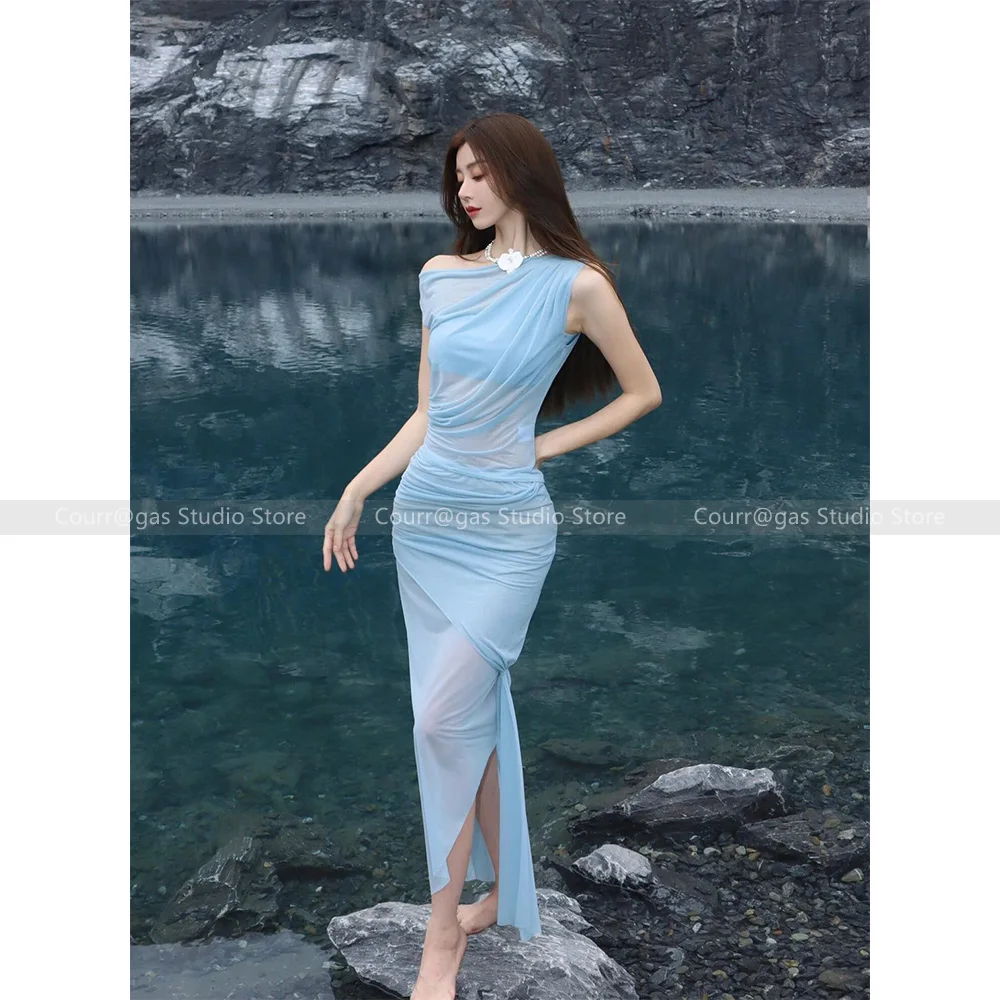 

French hottie blue slightly transparent pleated oblique pleated mesh vest irregular oblique pleated mesh skirt two-piece set