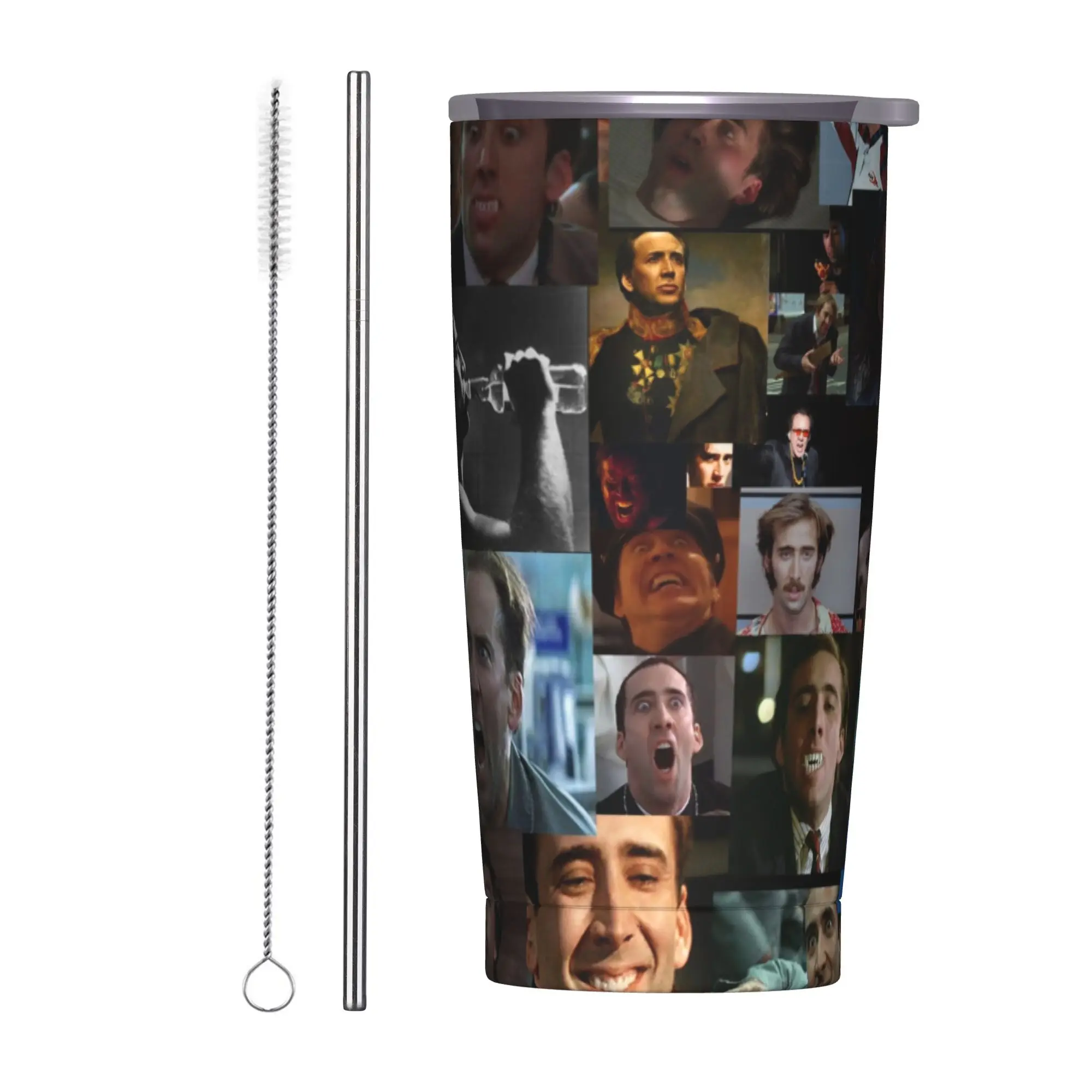 Kotak Tipis Koyo Triplek Insulated Tumbler with Straws Lid Nicolas Cage Face Stainless Steel Coffee Mugs Car Bottle Cups, 20oz
