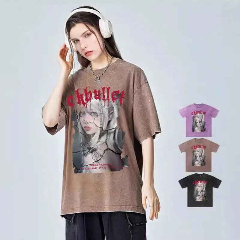 Water Washed Retro Woman Heavyweight T Shirt Cotton T Shirts High-Quality Loose T-Shirt Fashion Shoulder Drop Short sleeved