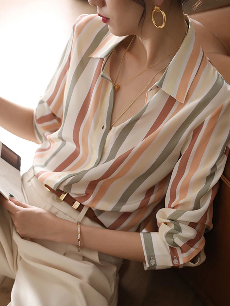 

Jmprs Silk Women Shirts Vintage Rainbow Striped Korean Designed Office Ladies Tops Button Up Fashion Spring Long Sleeve Tops