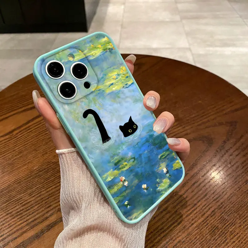 Anime Landschaft Malerei Nette Katze Telefon Fall Für iPhone 17 16 15 14 Pro Max Plus 11 12 13 Mini Pro max Stoßfest Zurück Abdeckungen – Detail 4