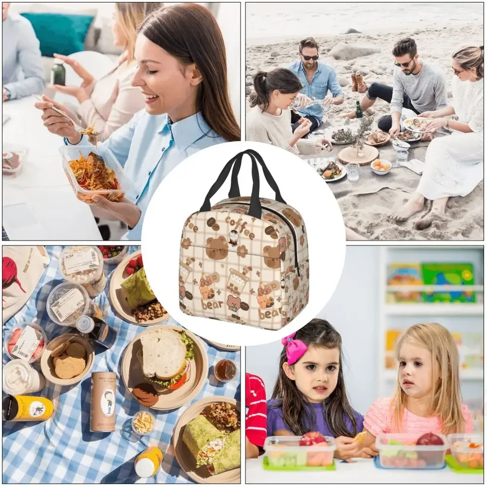 Cute Bear Coffee Dessert Pattern Insulated Lunch Bag for Women Kids Leakproof Food Boxes Thermal Lunch Box Tote