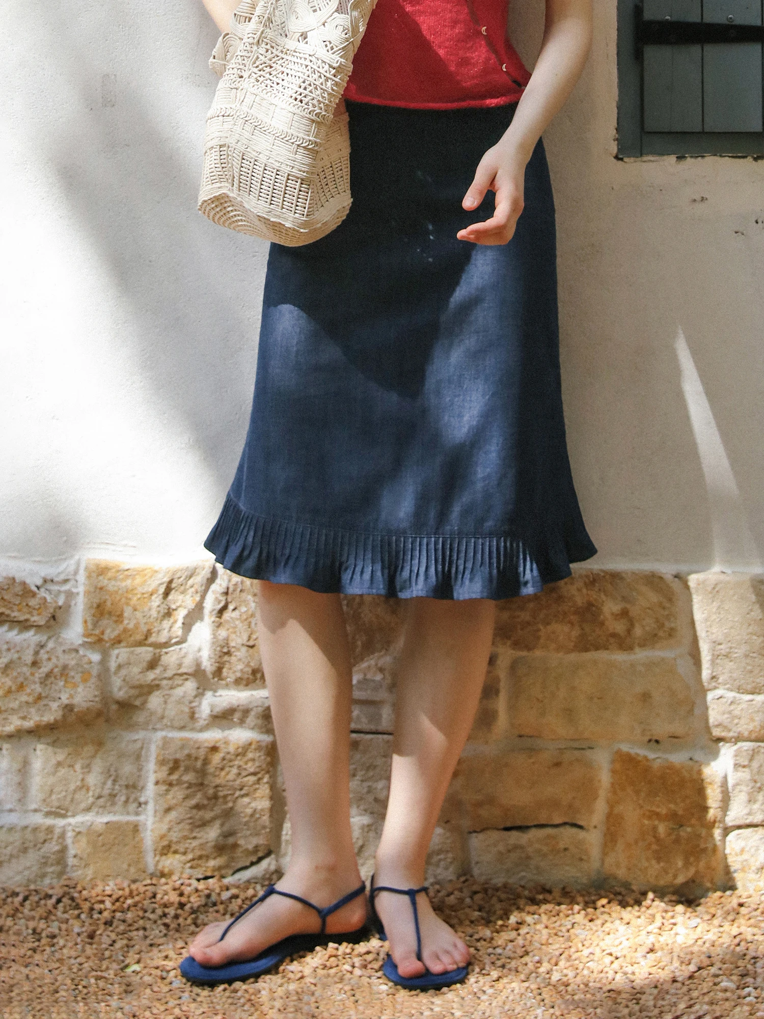 Elegant Vintage Pleated Fish Tail Half Skirt Denim Women's Summer Fashion mid Waist Cotton Gauze Skirts Straight Cut