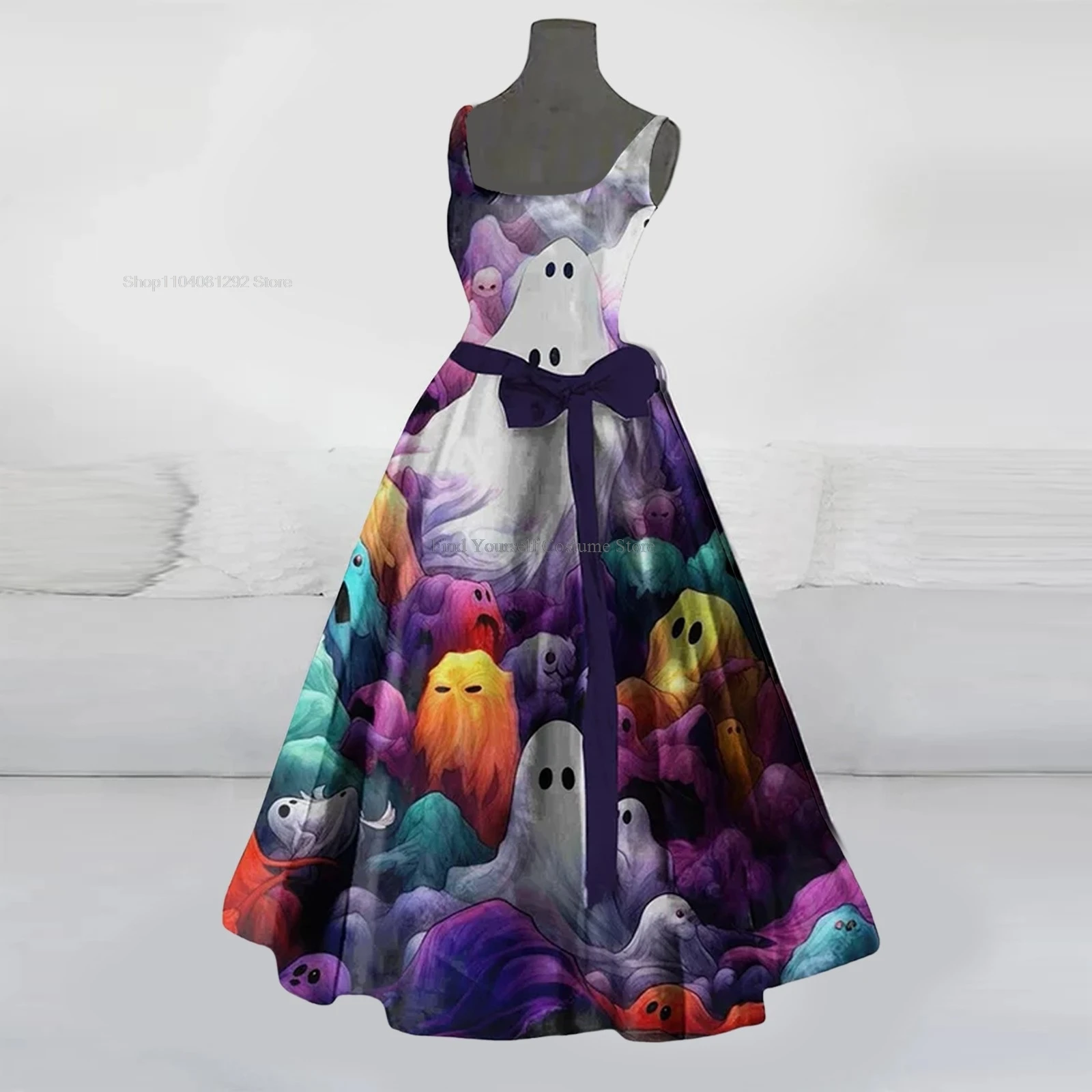 Trajes assustadores de Halloween feminino, vestido de baile para mulheres, estampado ensanguentado queimado, túnica sem mangas inchada, vestido de coquetel, vestidos para convidados