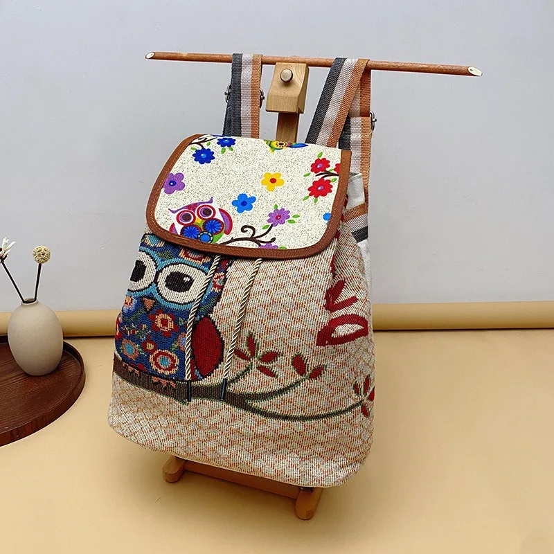 Vintage Embroidered Knitted Backpack Cloth Bags Bucket Bag Women\'s Schoolbag National Style Bag Fabric Bag People