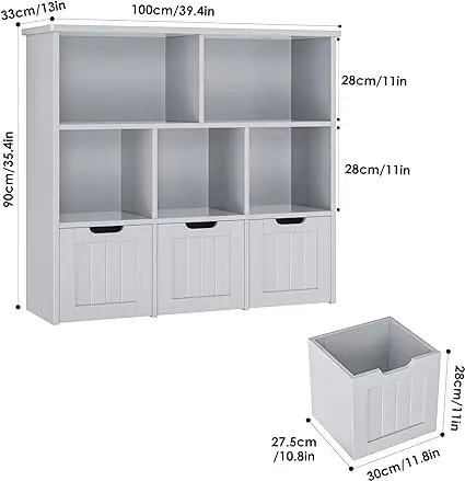 Toy Storage Organizer com 3 gavetas móveis, Piso Armário de armazenamento, Toy Peito com rodas escondidas e 5 Cubbies