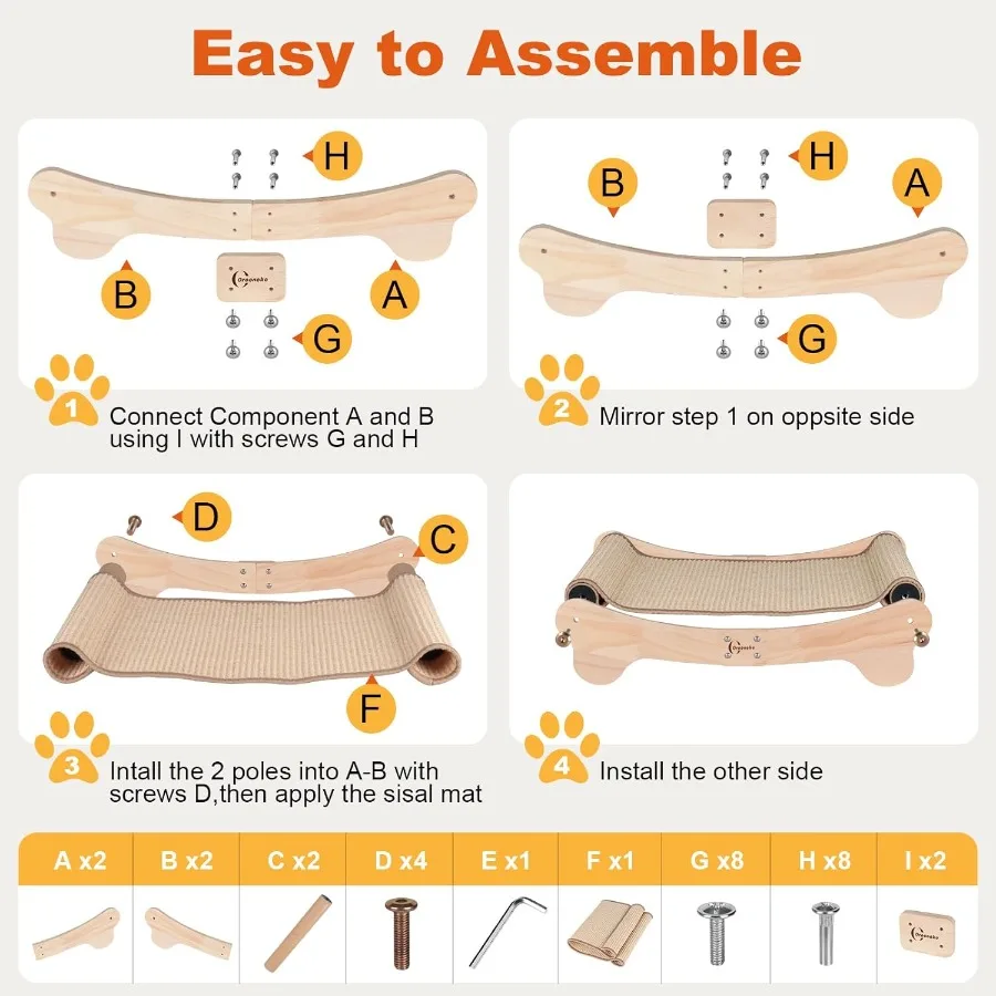 2in1 Cat Scratcher Bed for Indoor Use: Sisal Scratching Post and Comfortable Hammock with Easy Assembly NonTip Wooden Base Larg