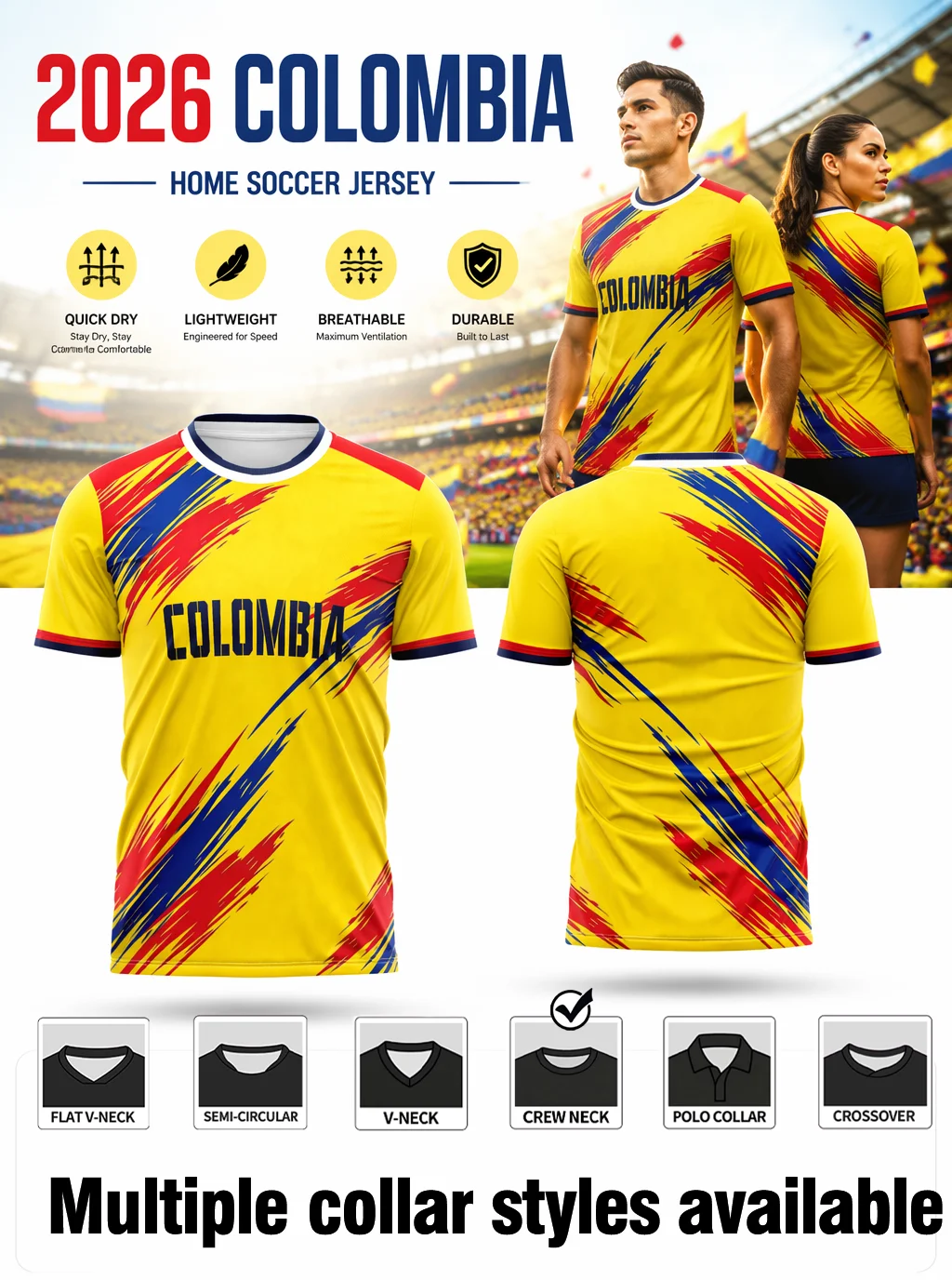 Colombia themed football jersey,flag‑color scratch stripes,contrast trim cuffs,moisture‑wicking fabric,athletic fit