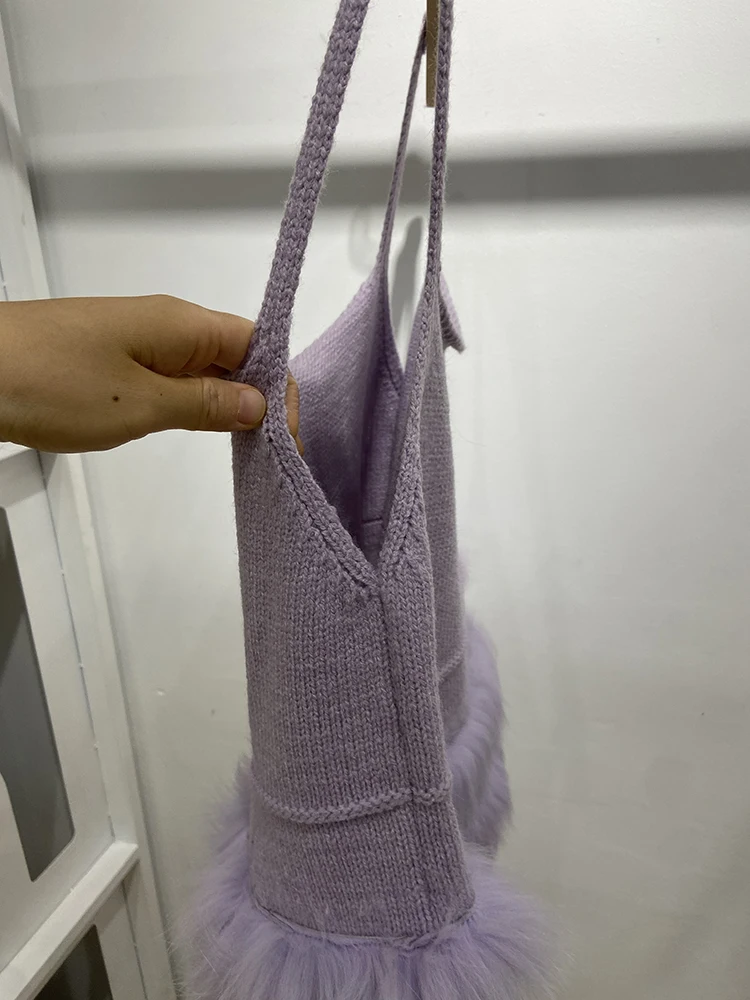 Women Lovely Pink Real Fox Fur Spaghetti Strap Sweater Girl's Cute Spring Purple Knitted Camisole Vest