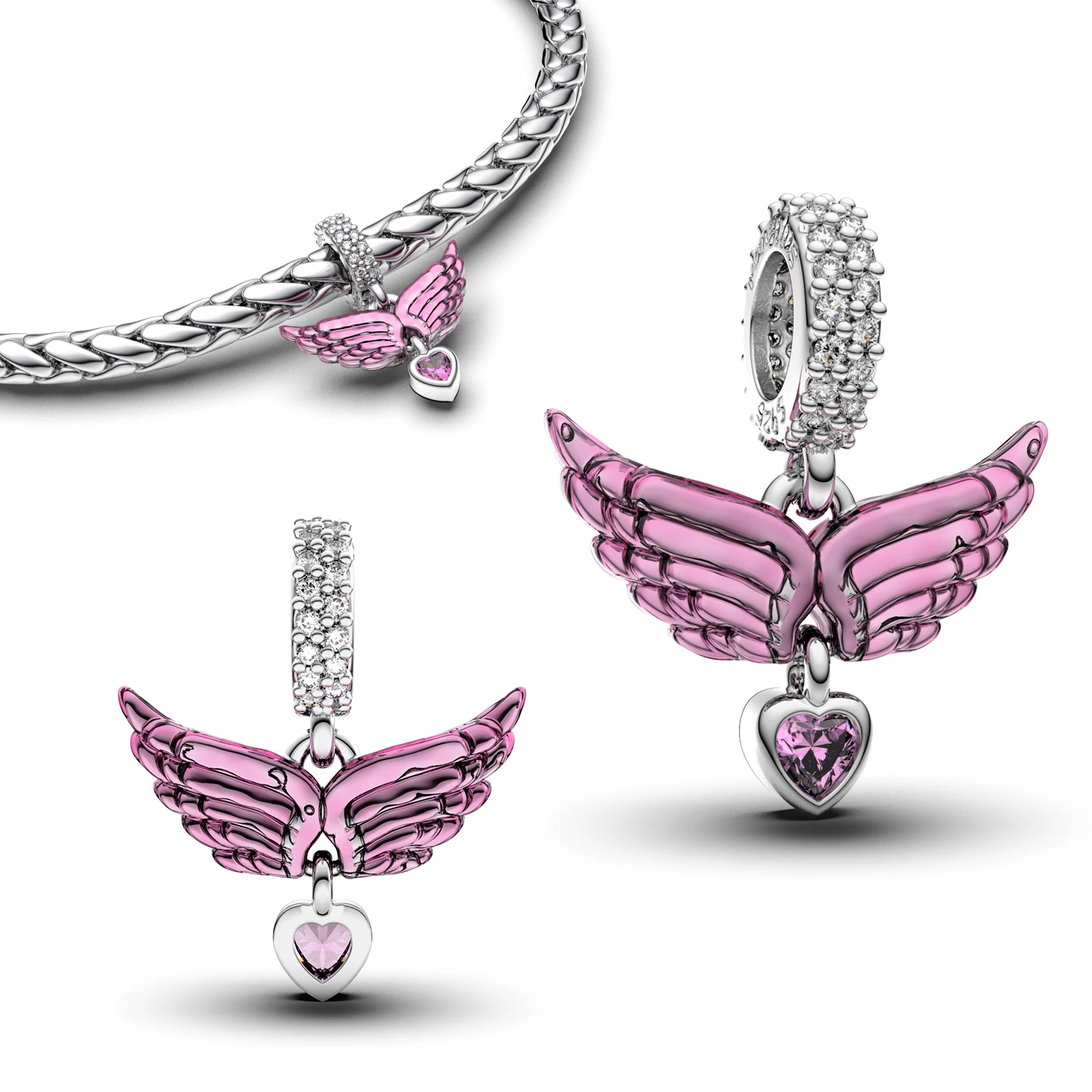 

925 Sterling Silver Pink Angel Wings Dangle Charm Pave CZ Fit Original Bracelet & Necklace Romantic Jewelry