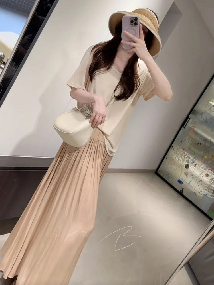 

Summer Thin Elastic Waist Pleated Skirt Women's Ultra Soft Skin Feel Elegant Fashion Long Midi Skirt Gentle Lazy Style